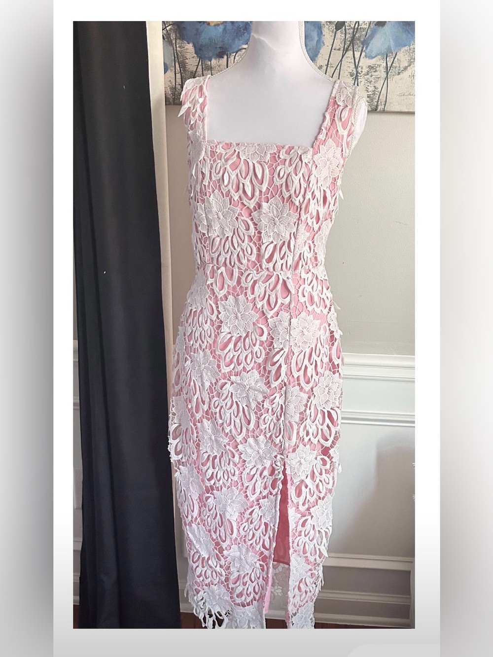 Just Me Pink Midi Dress with White Lace Overlay